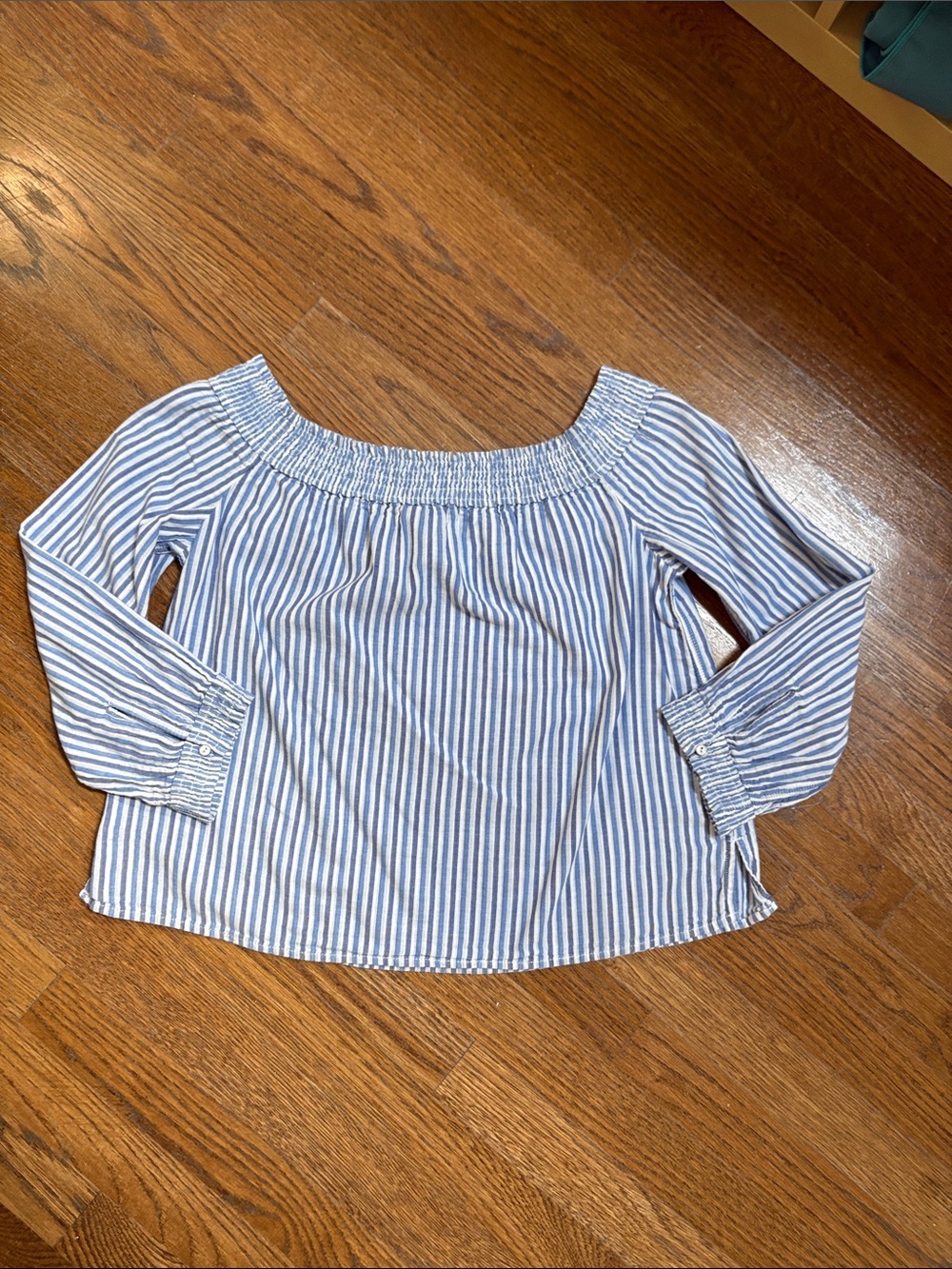 rag & bone Blue and White Striped Off-Shoulder Blouse